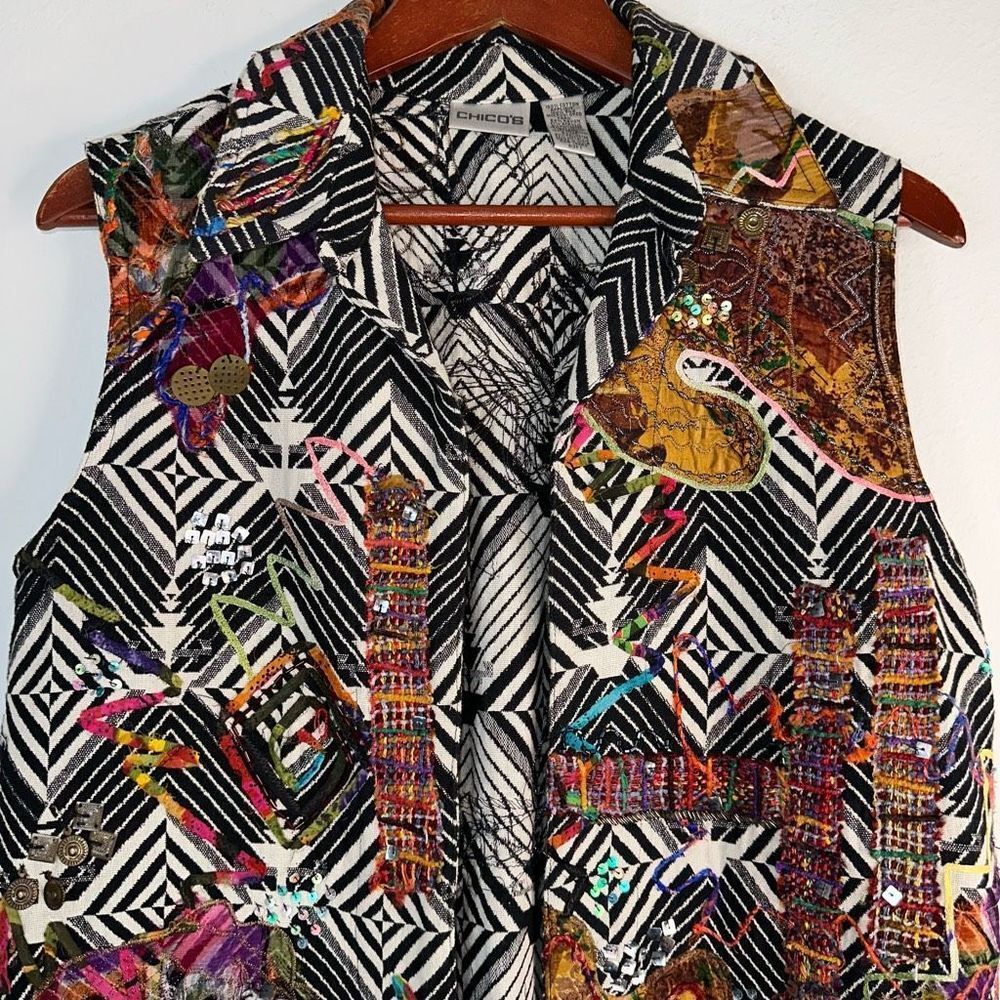 Vintage Chico’s Women’s Boho Artsy Mixed Media Vest Medium Retro 80s Inspo‎ - Picture 3 of 8